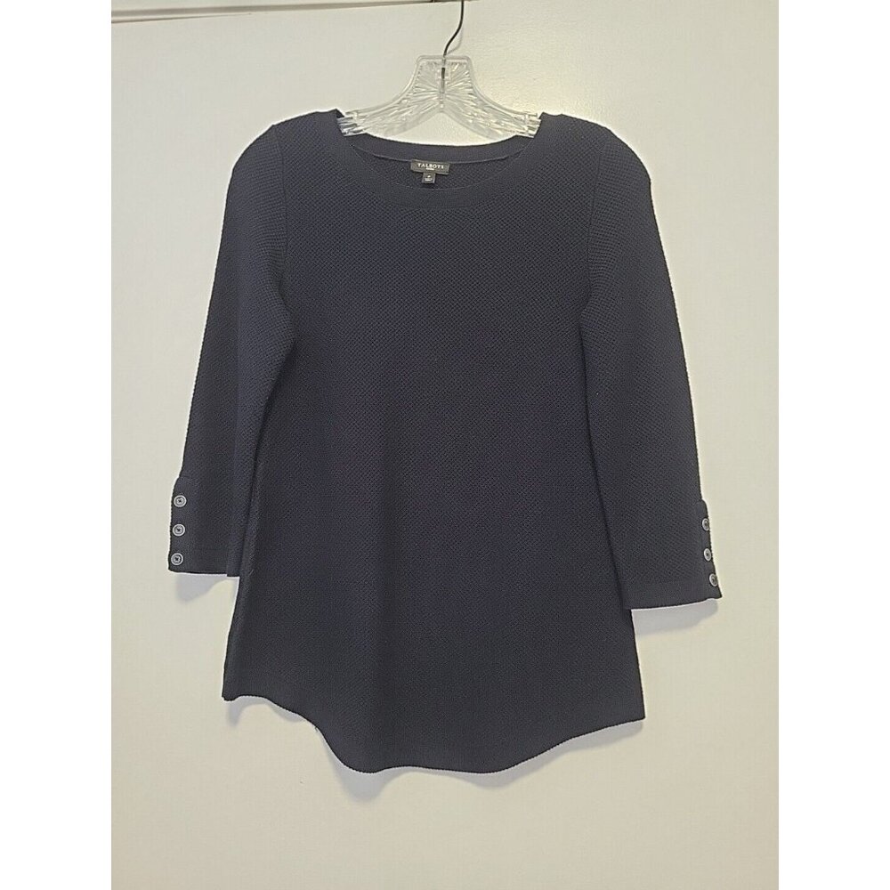 Talbots Waffle Knit Top Crew-Neck 3/4 Sleeves Black Petite
